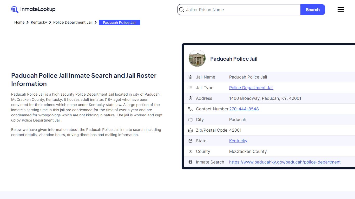 Paducah Police Jail Inmate Search - Paducah Kentucky - Inmate Lookup